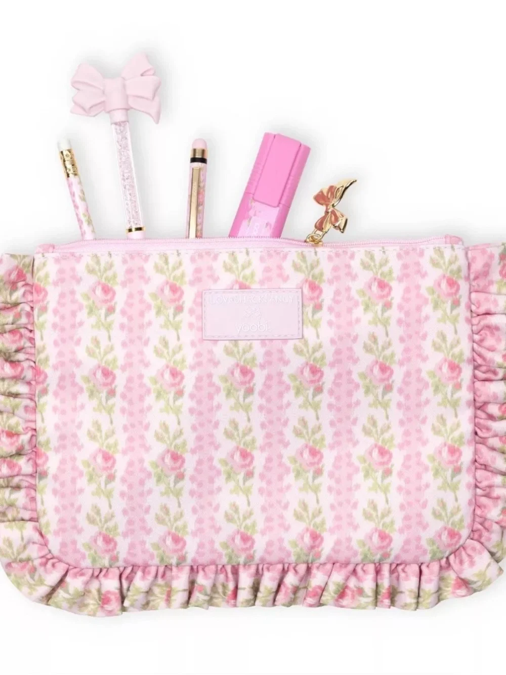 LoveShackFancy X Yoobi Pink Rose Print Ruffle Pouch